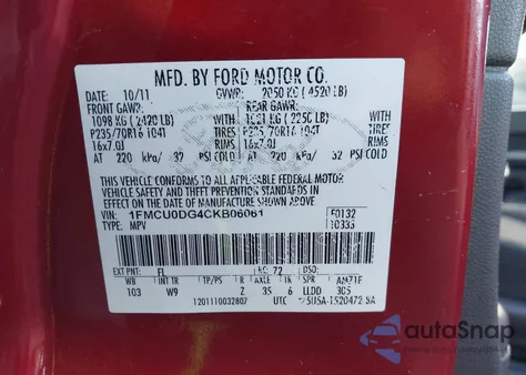 2012 Ford Escape Xlt из США, поврежденный, VIN 1FMCU0DG4CKB06061